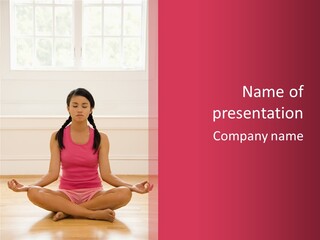 Young Woman Sitting On Floor Meditating In Yoga Lotus Pose With Legs Crossed And Eyes Closed. PowerPoint Template