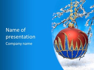 Red Christmas Ball On Winter Tree PowerPoint Template