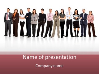 Business Team Formed Of Young Businessmen And Businesswomen Standing Over A White Background With Reflections PowerPoint Template