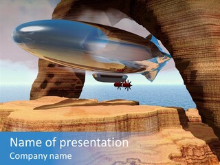 Zeppelin Flying Under Stone Arches PowerPoint Template