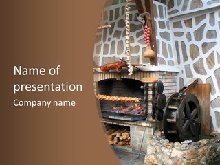 A Brick Oven With A Large Wheel On Top Of It PowerPoint Template