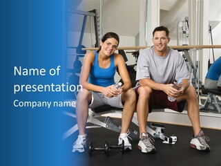 Man And Woman Sitting On Exercise Machine Smiling Holding Water Bottles. PowerPoint Template