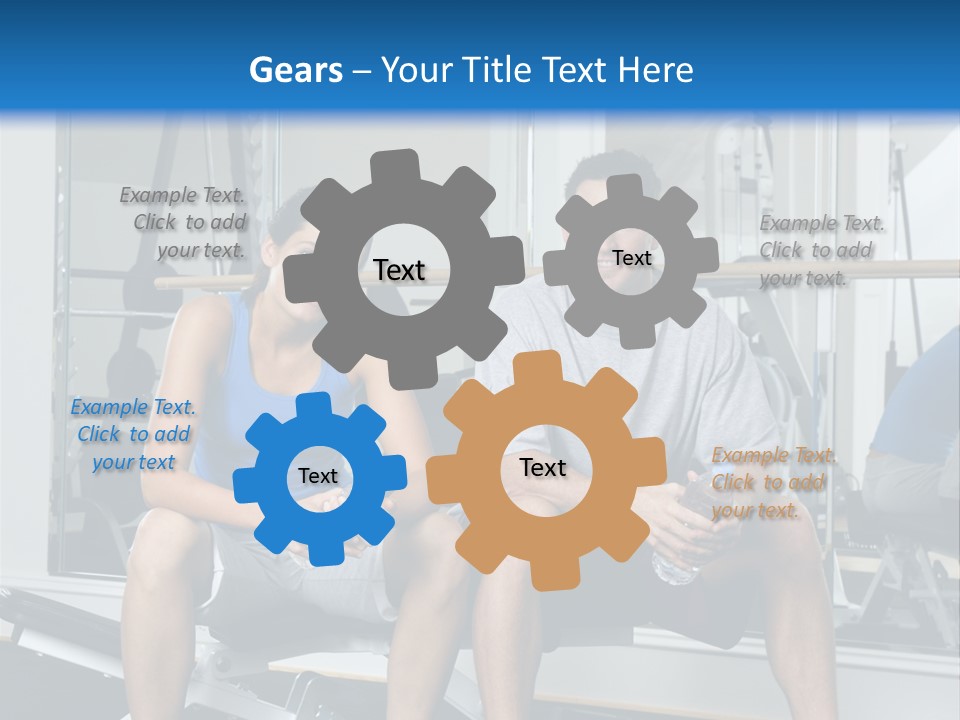 Man And Woman Sitting On Exercise Machine Smiling Holding Water Bottles. PowerPoint Template