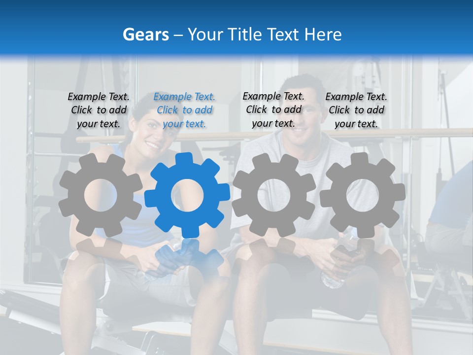 Man And Woman Sitting On Exercise Machine Smiling Holding Water Bottles. PowerPoint Template