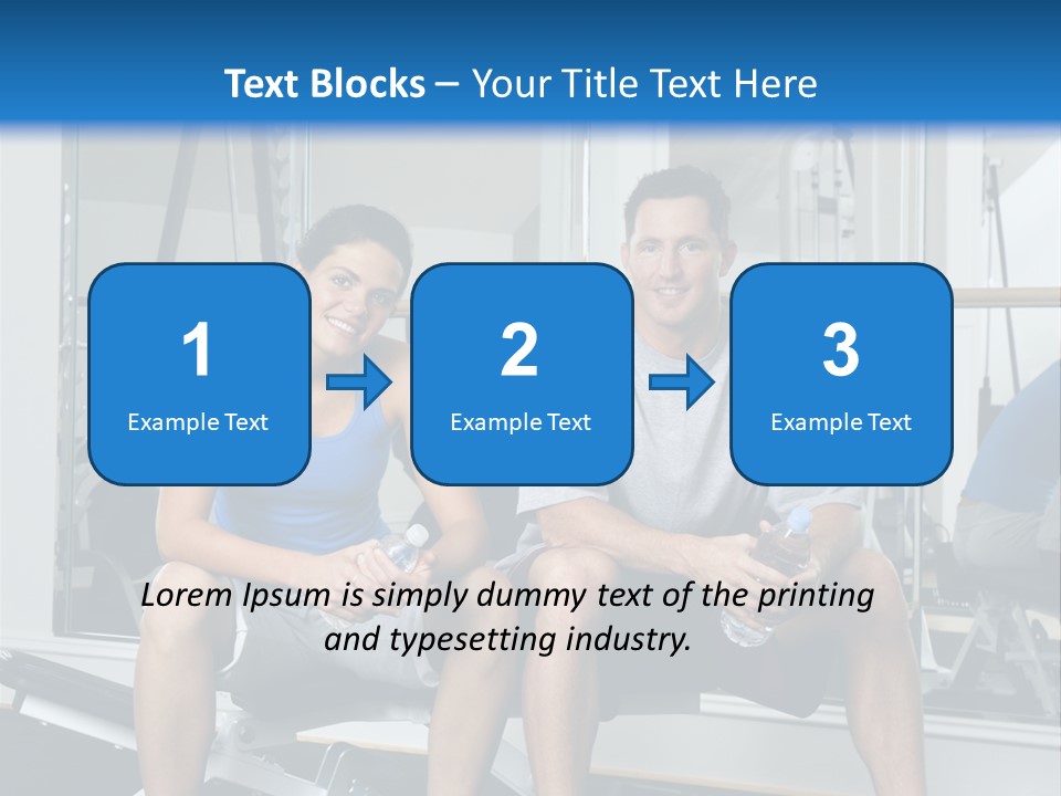Man And Woman Sitting On Exercise Machine Smiling Holding Water Bottles. PowerPoint Template