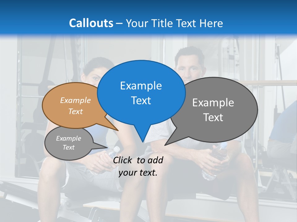 Man And Woman Sitting On Exercise Machine Smiling Holding Water Bottles. PowerPoint Template