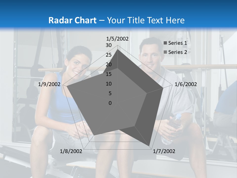Man And Woman Sitting On Exercise Machine Smiling Holding Water Bottles. PowerPoint Template