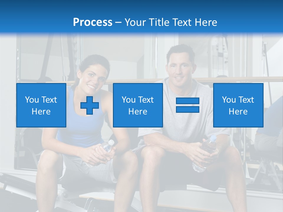 Man And Woman Sitting On Exercise Machine Smiling Holding Water Bottles. PowerPoint Template