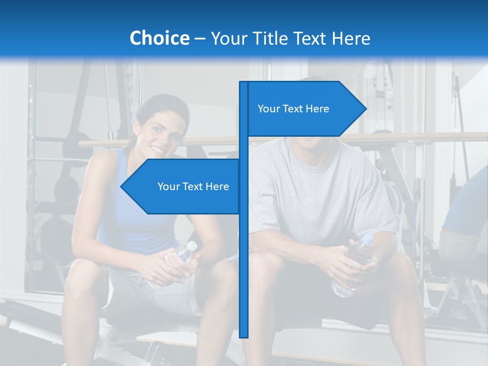 Man And Woman Sitting On Exercise Machine Smiling Holding Water Bottles. PowerPoint Template