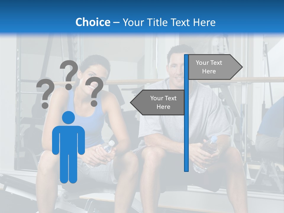 Man And Woman Sitting On Exercise Machine Smiling Holding Water Bottles. PowerPoint Template