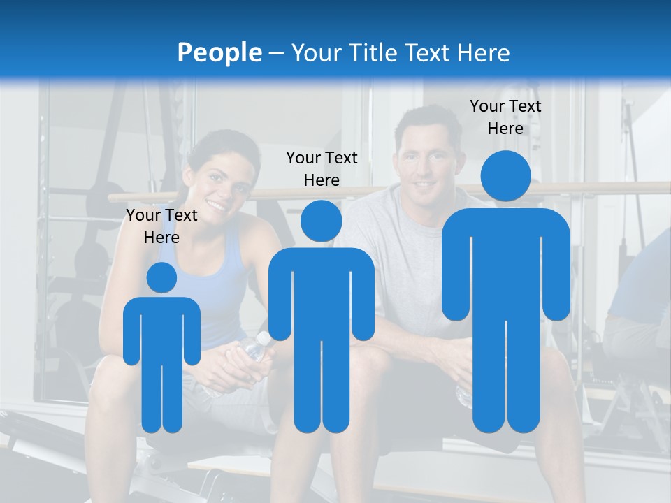 Man And Woman Sitting On Exercise Machine Smiling Holding Water Bottles. PowerPoint Template