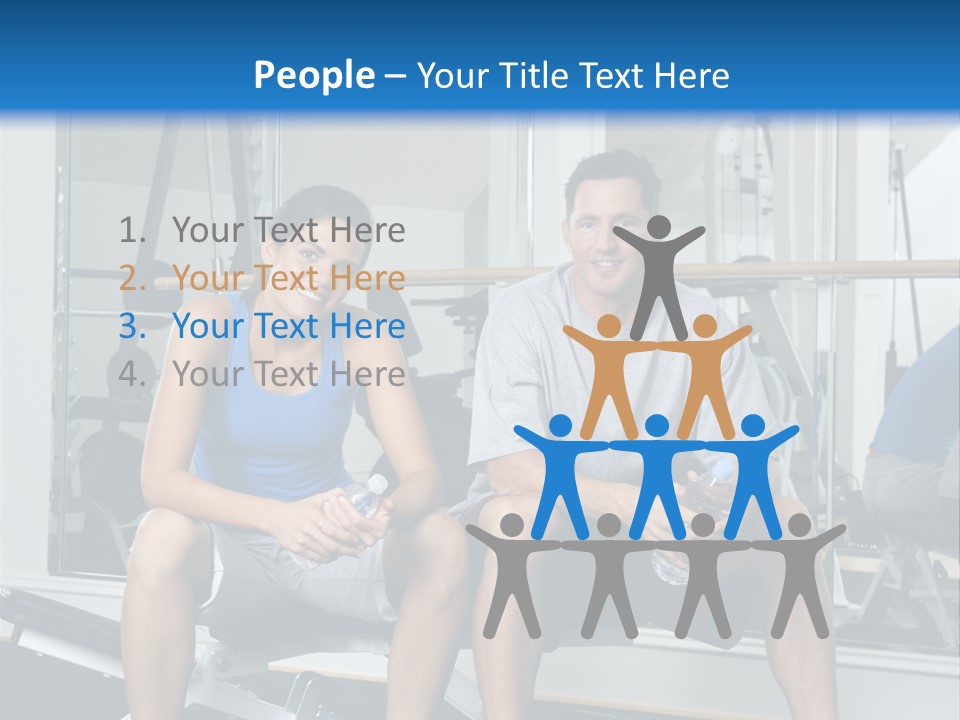 Man And Woman Sitting On Exercise Machine Smiling Holding Water Bottles. PowerPoint Template