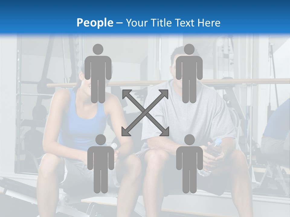 Man And Woman Sitting On Exercise Machine Smiling Holding Water Bottles. PowerPoint Template