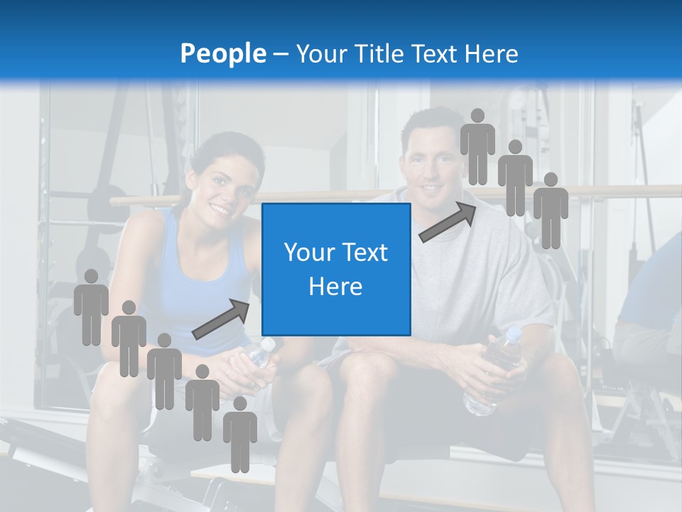 Man And Woman Sitting On Exercise Machine Smiling Holding Water Bottles. PowerPoint Template