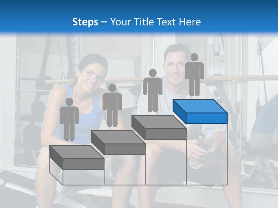 Man And Woman Sitting On Exercise Machine Smiling Holding Water Bottles. PowerPoint Template