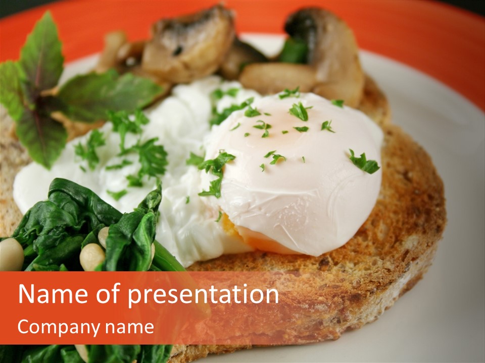 Poached Egg Breakfast With Blanched Spinach And Pine Nuts With Mushrooms And Shallots. PowerPoint Template