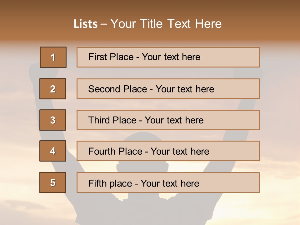 A Man Raising His Arms In The Air At Sunset PowerPoint Template
