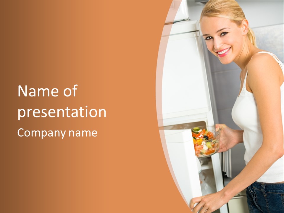 Young Happy Smiling Woman With Salad At Domestic Kitchen PowerPoint Template