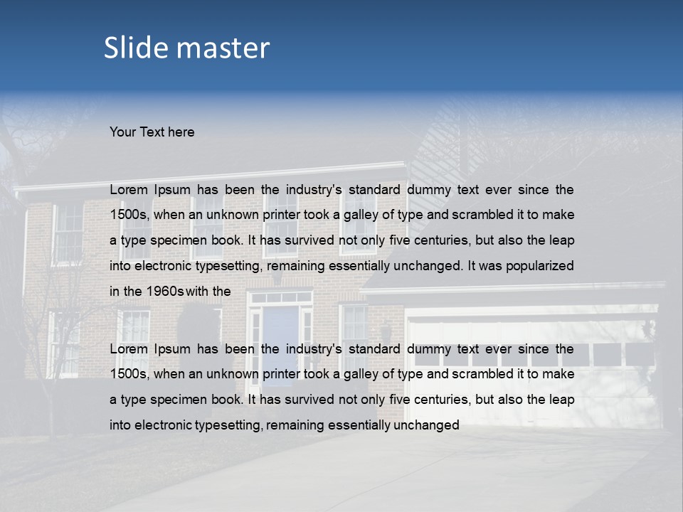 A Large Brick House With A Blue Door PowerPoint Template