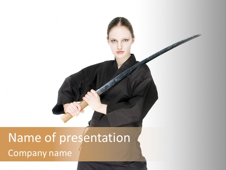 A Woman Is Holding A Sword And Posing For A Picture PowerPoint Template