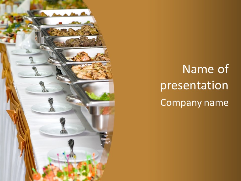 Metallic Banquet Meal Trays Served On Tables PowerPoint Template