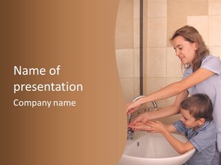 Mum With The Son Wash Hands PowerPoint Template