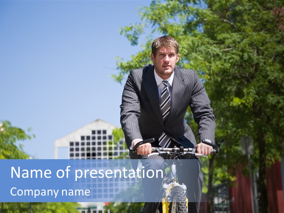 A Caucasian Businessman Riding A Bicycle To Work, Can Be Used For Gas Savings Concept PowerPoint Template