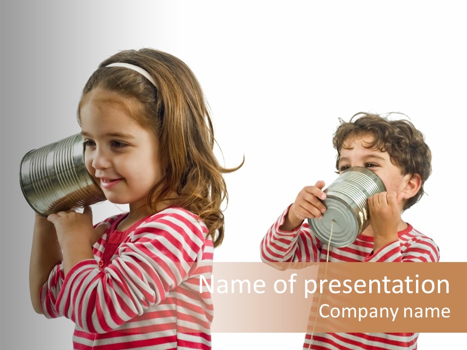 Boy And Girl Talking On A Tin Phone Isolated On White PowerPoint Template