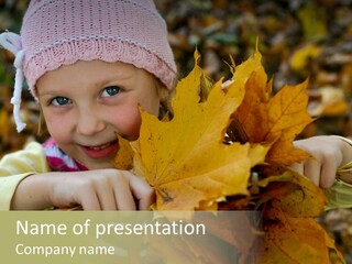 A Little Girl Keeping Yellow Leaves In Her Hands PowerPoint Template