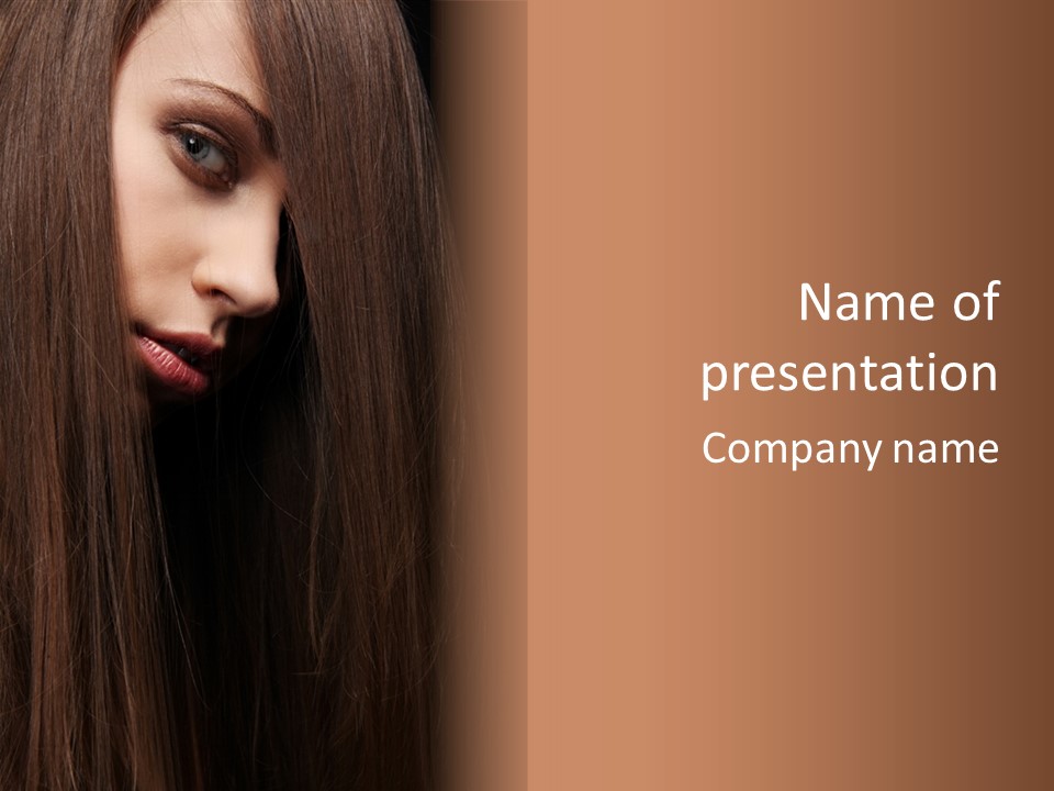 Beautiful Young Woman With Long Healthy Dark Hair On Black Background. PowerPoint Template