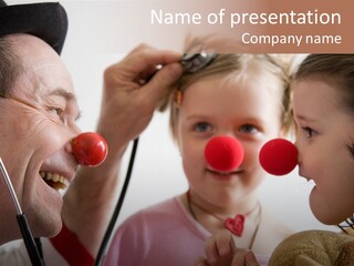 Clown-Doctor : Two Girls And Clown With Red Noses Are Smiling And Joking During Medical Examination. PowerPoint Template