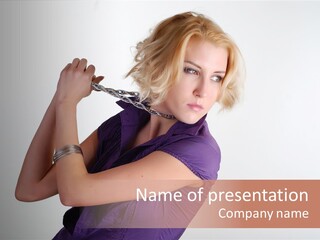 A Woman In A Purple Shirt Holding A Chain Around Her Neck PowerPoint Template