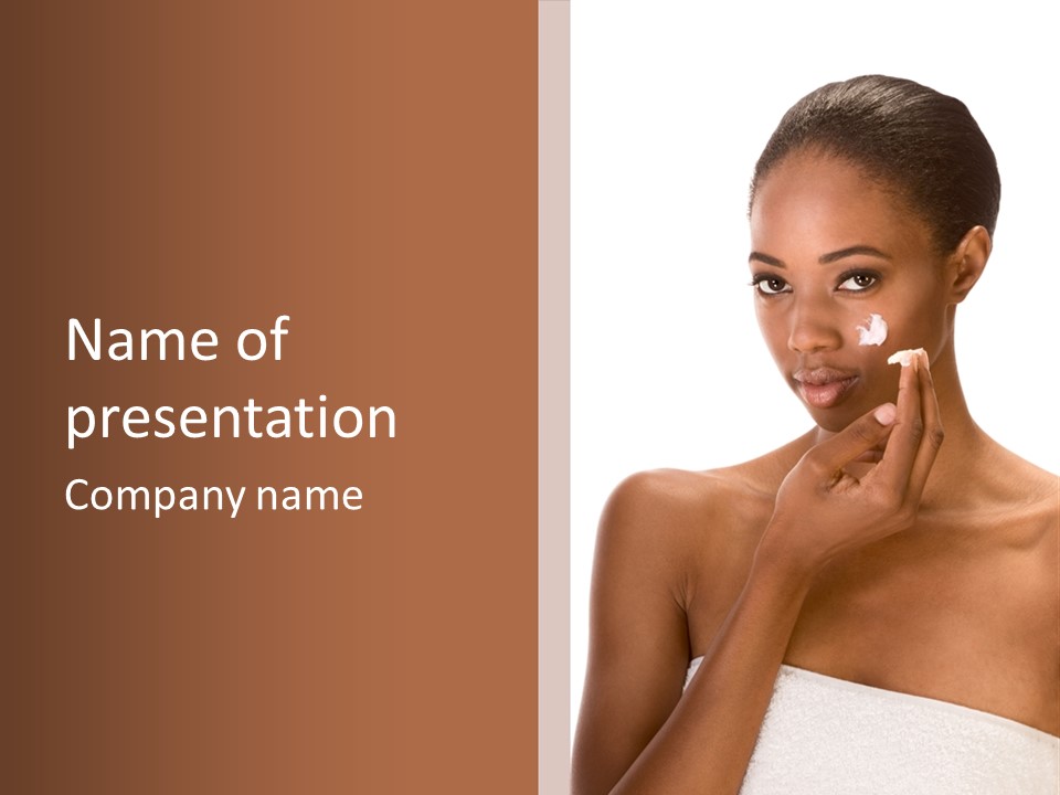 A Woman With A Towel On Her Head Is Holding Her Hand Up To Her Face PowerPoint Template