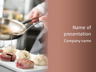 Chef Add Sause To A Beef On Professional Kitchen PowerPoint Template