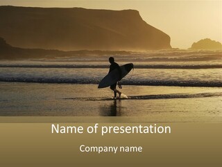 A Surfer Leaves The Surf As The Sun Sets At Polzeath Beach In Cornwall, Uk. PowerPoint Template