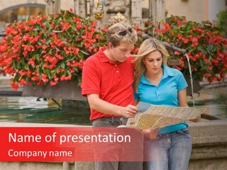 Tourist, A Couple, Are On Sightseeing Tour, With A Map PowerPoint Template