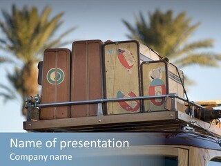 Classic Old Car With Vintage Worn Suitcases On Roof PowerPoint Template