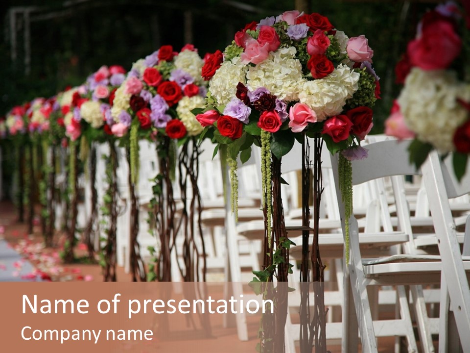 Beautiful Wedding Flower Arrangement Of Seats Along The Aisle PowerPoint Template