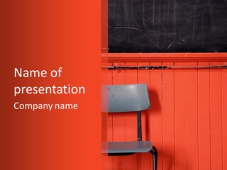 Classic School Chair With Black Board In The Background With Red Painted Wood Paneling PowerPoint Template