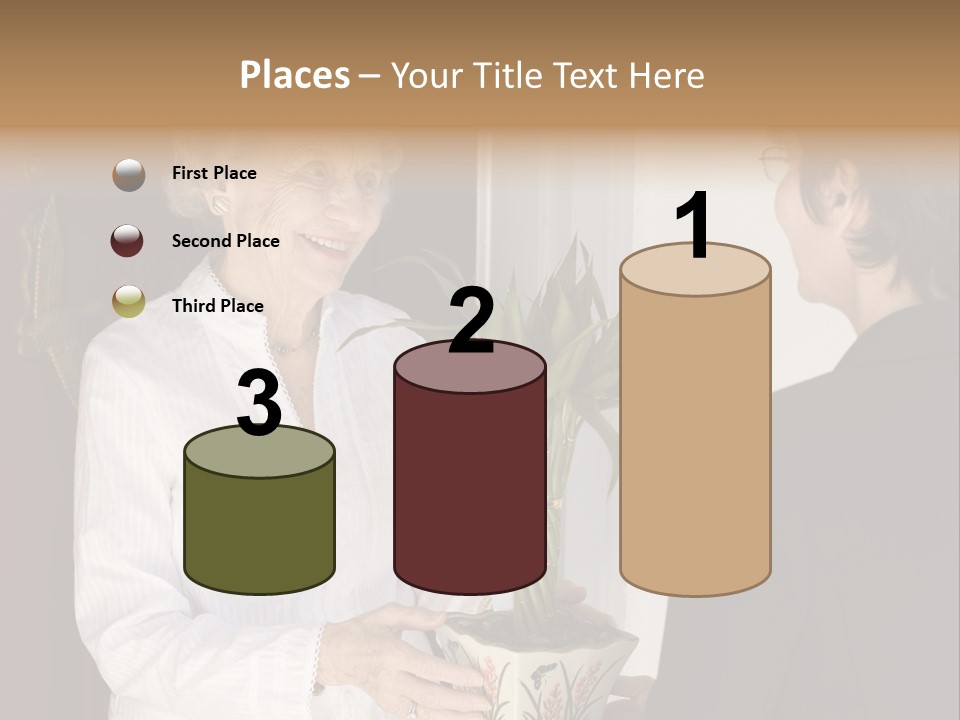 Attractive Senior Woman Receiving Gift Of Bamboo Plant At Front Door PowerPoint Template