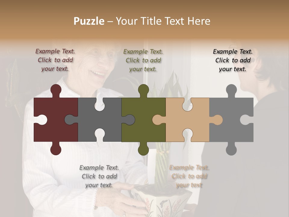 Attractive Senior Woman Receiving Gift Of Bamboo Plant At Front Door PowerPoint Template