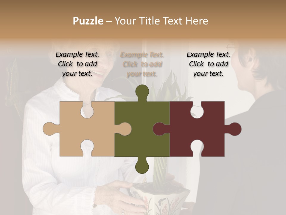 Attractive Senior Woman Receiving Gift Of Bamboo Plant At Front Door PowerPoint Template