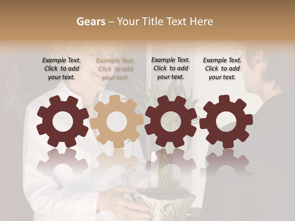 Attractive Senior Woman Receiving Gift Of Bamboo Plant At Front Door PowerPoint Template