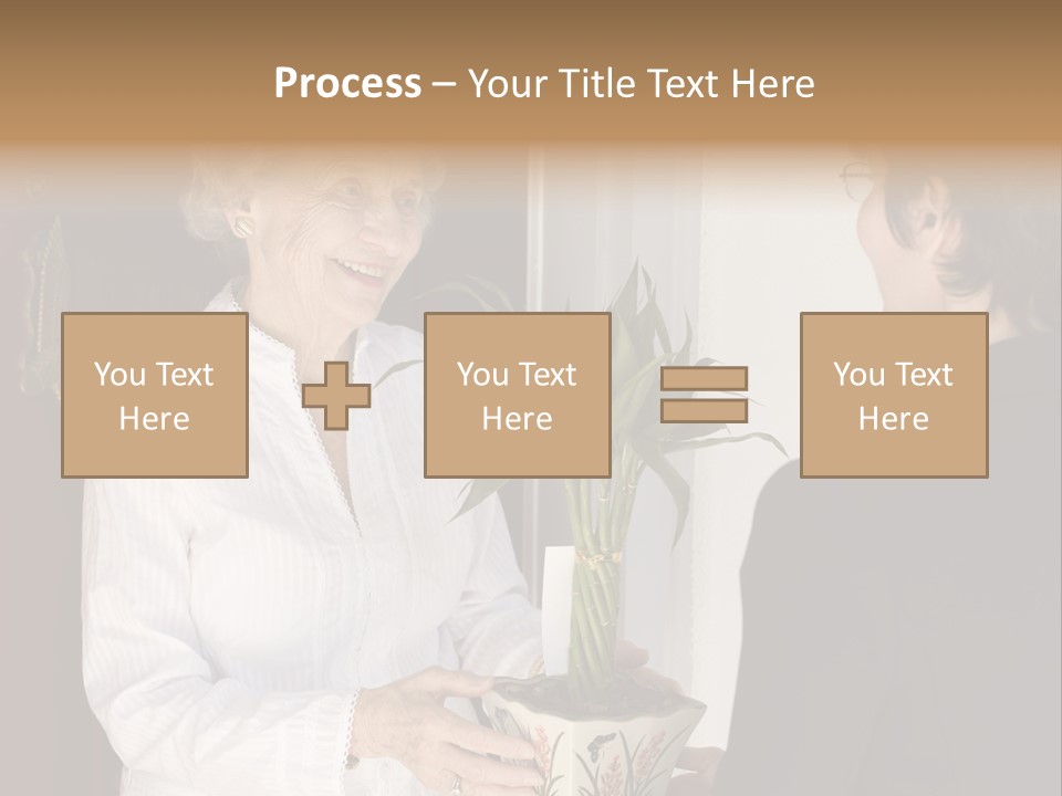 Attractive Senior Woman Receiving Gift Of Bamboo Plant At Front Door PowerPoint Template
