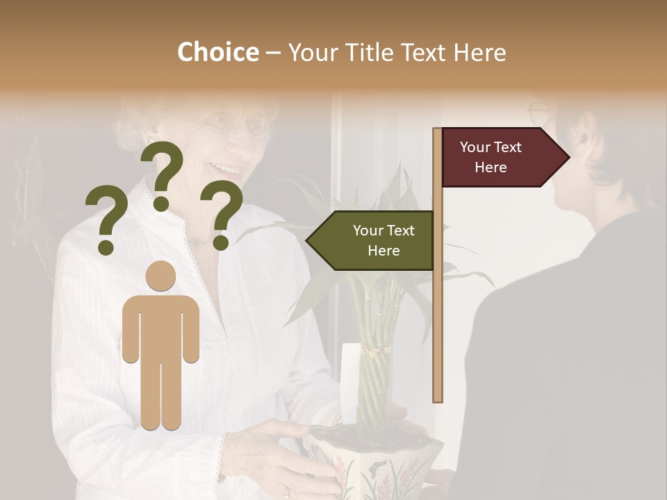 Attractive Senior Woman Receiving Gift Of Bamboo Plant At Front Door PowerPoint Template