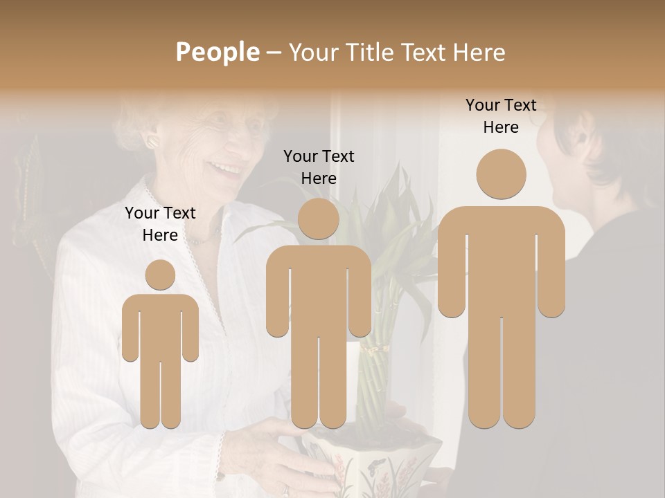 Attractive Senior Woman Receiving Gift Of Bamboo Plant At Front Door PowerPoint Template