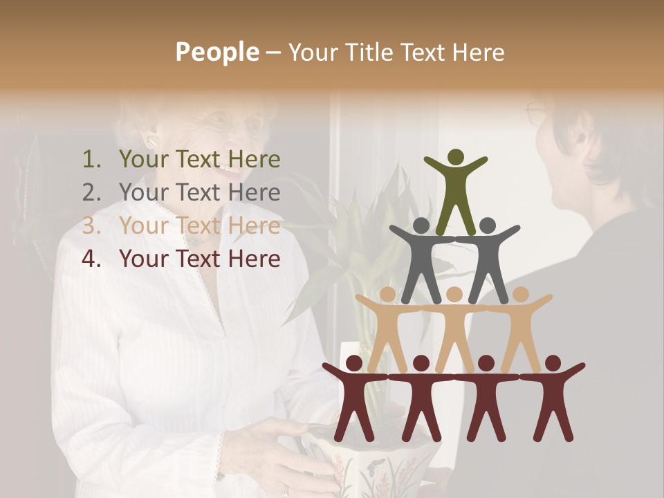Attractive Senior Woman Receiving Gift Of Bamboo Plant At Front Door PowerPoint Template