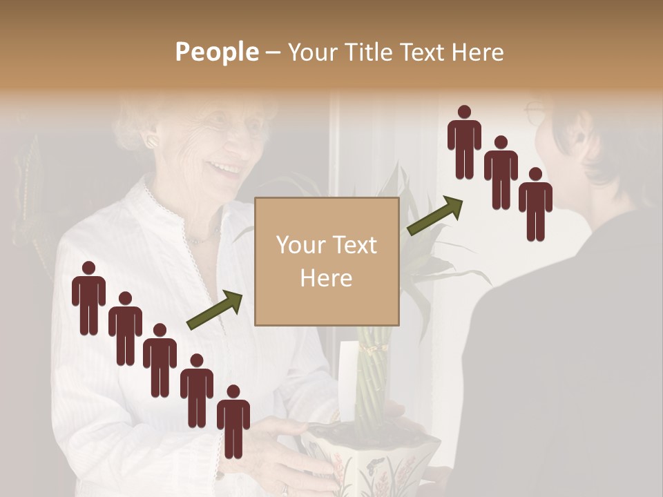 Attractive Senior Woman Receiving Gift Of Bamboo Plant At Front Door PowerPoint Template