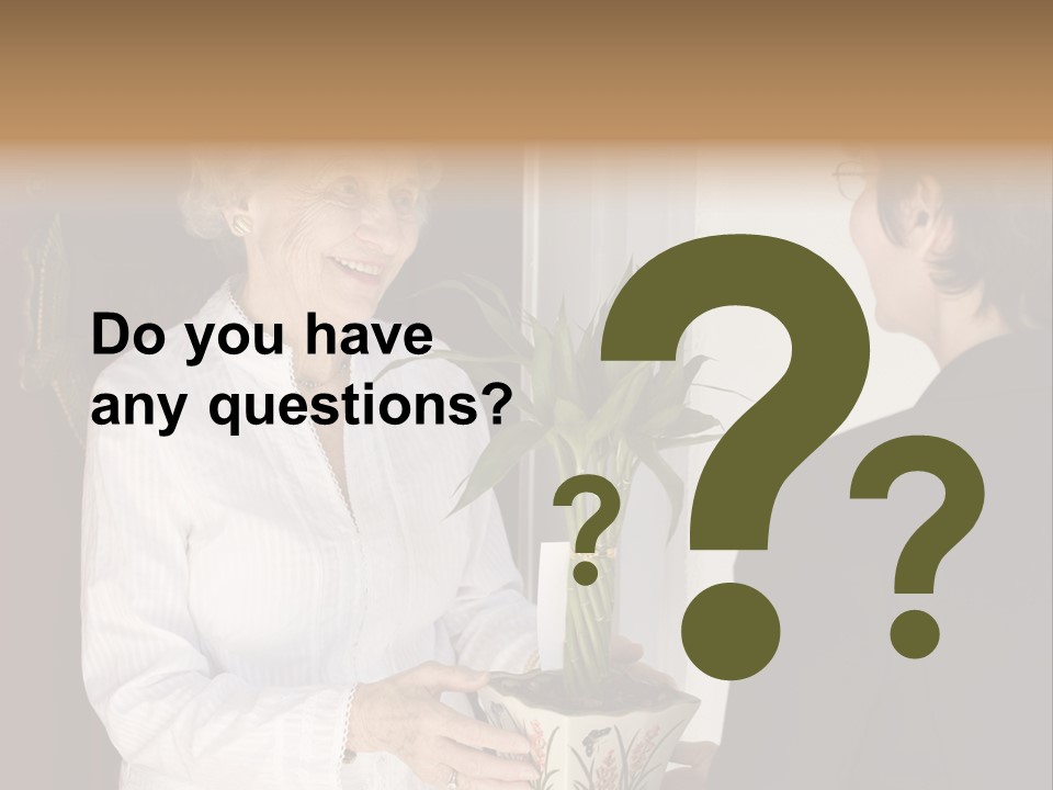 Attractive Senior Woman Receiving Gift Of Bamboo Plant At Front Door PowerPoint Template