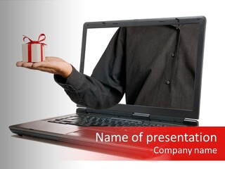 A Person Holding A Present In Front Of A Laptop PowerPoint Template